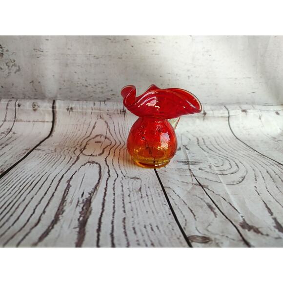 Vintage Hand Blown Crackle Glass Amberina Mini Pitcher Creamer Applied Handle 3" - Picture 1 of 7